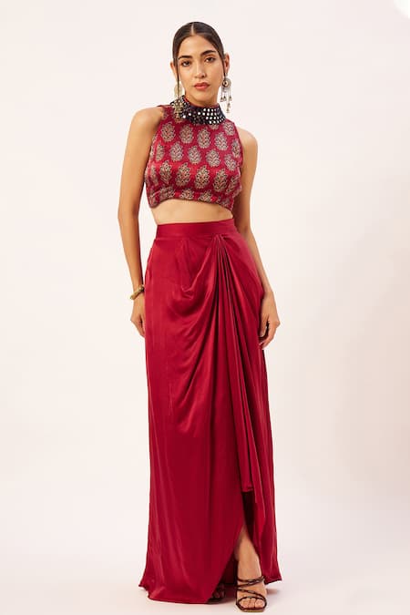 Shop_Zariya The Label_Blue Maheshwari, Modal Mirrors High Neck Mashru Silk Printed Blouse Skirt Set _Online_at_Aza_Fashions