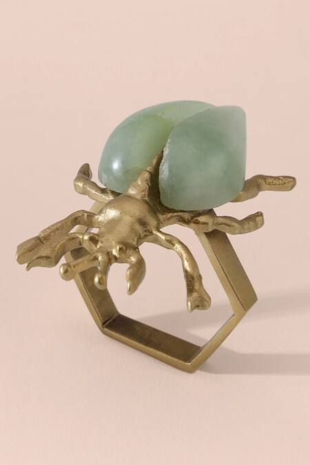 Buy_Table Manners_Brown Brass Jade Stone Embellished Cicada Napkin Rings 4 Pcs Set