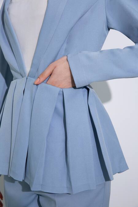 Pocketful Of Cherrie Blue Crepe Sequins Collared Full Sleeve Peplum Jacket And Trouser Set Online at Aza Fashions Pocketful Of Cherrie_Blue Crepe Sequins Collared Full Sleeve Peplum Jacket And Trouser Set_Online_at_Aza_Fashions