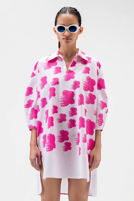 Genes Lecoanet Hemant_Pink , Satin Collared Floral Print Tunic Shirt_at_Aza_Fashions
