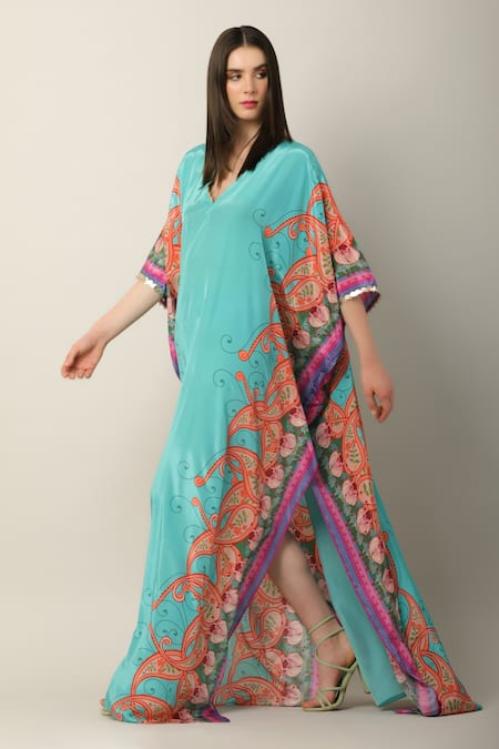 Limerick By Abirr N' Nanki_Multi Color Crepe Embroidery Plunge Neck Danya Paisley Print Kaftan _at_Aza_Fashions