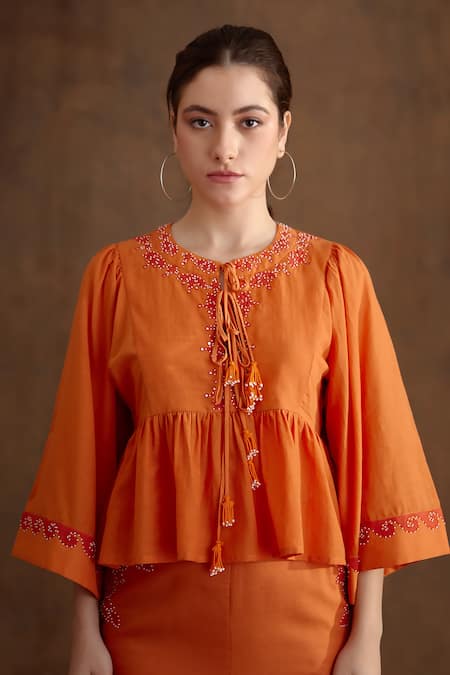 Nikasha Orange Cotton, Silk, Rayon Beads Placement Embroidered Top And A-line Skirt Set at Aza Fashions Nikasha_Orange Cotton, Silk, Rayon Beads Placement Embroidered Top And A-line Skirt Set _at_Aza_Fashions