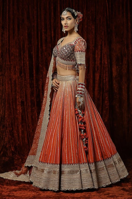 Shikhar Sharma Orange Lehenga And Blouse Silk Chanderi Embroidered Gota Sunset Bridal Set at Aza Fashions Shikhar Sharma_Orange Lehenga And Blouse Silk Chanderi Embroidered Gota Sunset Bridal Set _at_Aza_Fashions