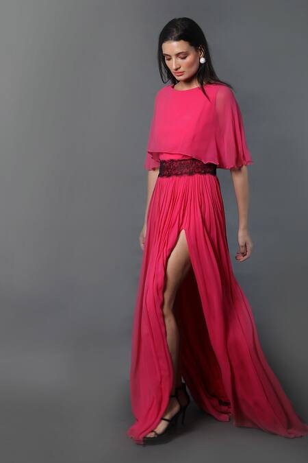 Buy_Swatee Singh_Fuchsia Georgette Lace Bandeau Neck Bateau Slit Gown 