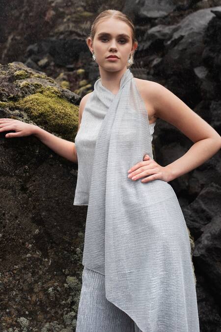 Buy_Dash And Dot_Silver 100% Polyester One Shoulder Draped Top And Pant Set