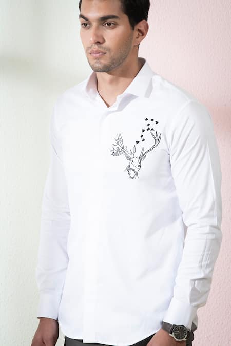 Buy_Hilo Design_White Cotton Embroidery Bianco Reindeer Shirt 
