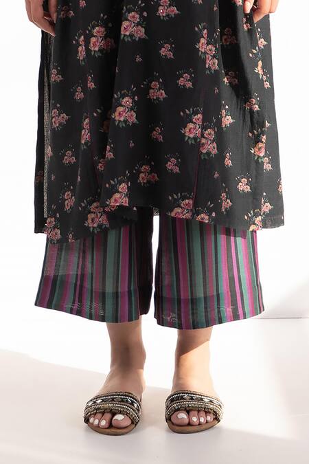Label Shreya Sharma Black Chanderi Embroidery, Sequins Mandarin Printed Kurta And Flared Pant Set at Aza Fashions Label Shreya Sharma_Black Chanderi Embroidery, Sequins Mandarin Printed Kurta And Flared Pant Set _at_Aza_Fashions