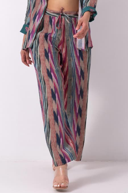 Buy Label Shreya Sharma Multi Color Linen Collared Ikat Print Jacket With Pant Buy_Label Shreya Sharma_Multi Color Linen Collared Ikat Print Jacket With Pant
