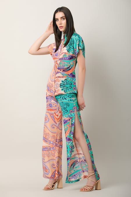 Buy_Limerick By Abirr N' Nanki_Multi Color Crepe Print Paisley Zyaire Flared Pant  _Online_at_Aza_Fashions