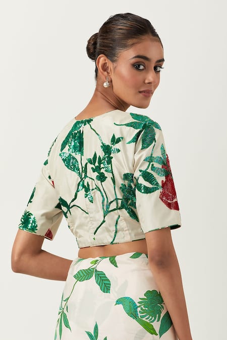 Buy Label Earthen Ivory Silk Embroidery Round Neck Ramri Printed Saree With Blouse Buy_Label Earthen_Ivory Silk Embroidery Round Neck Ramri Printed Saree With Blouse