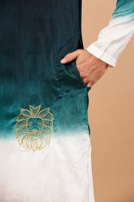 Hilo Design_Green Cotton, Silk, Lycra Embroidery Leonine Kurta And Pant Set _at_Aza_Fashions