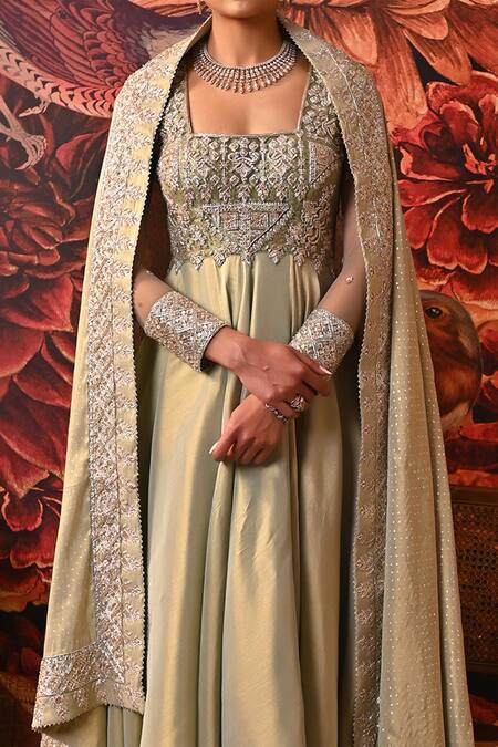 Shop Moledro Green Brocade Diamonds, Embroidery, Ezra Yoke Anarkali With Printed Dupatta Online at Aza Fashions Shop_Moledro_Green Brocade Diamonds, Embroidery, Ezra Yoke Anarkali With Printed Dupatta _Online_at_Aza_Fashions