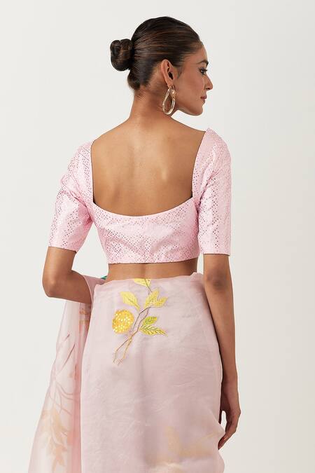 Buy_Label Earthen_Pink Organza Silk Embroidered Floral Sweetheart Neck Saree With Blouse 