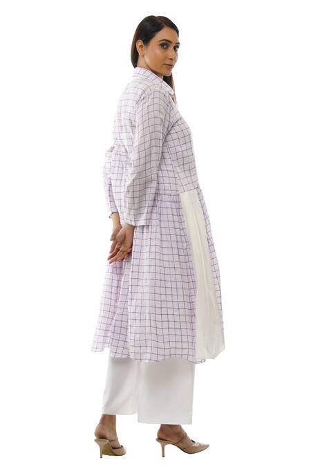 Khat_White Handloom Cotton, Poplin Collared Checkered Pattern Dress And Pant Set _at_Aza_Fashions