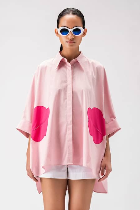 Shop_Genes Lecoanet Hemant_Pink , Satin Embroidery Collared Floral Applique Work Shirt_Online_at_Aza_Fashions