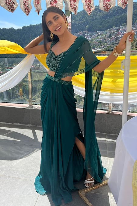 Buy_Jade By Ashima_Green Georgette, Crepe Cut Work Celia Pre-draped Saree With Embroidered Blouse 