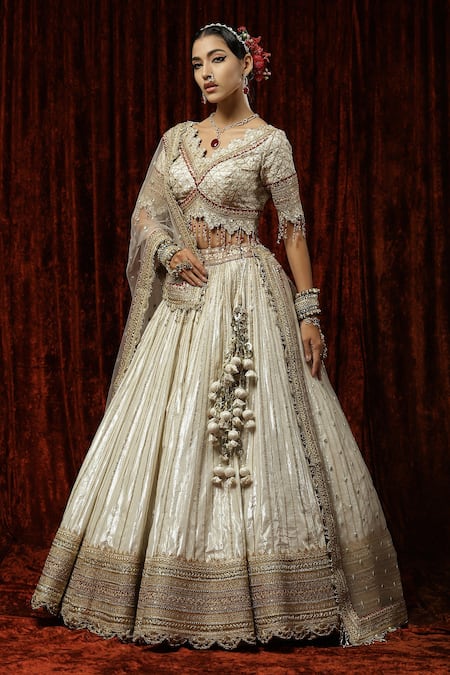 Shikhar Sharma Silver Cotton, Chanderi, Net Beads, Chandi Gulab Chhadee Bridal Lehenga Set at Aza Fashions Shikhar Sharma_Silver Cotton, Chanderi, Net Beads, Chandi Gulab Chhadee Bridal Lehenga Set _at_Aza_Fashions
