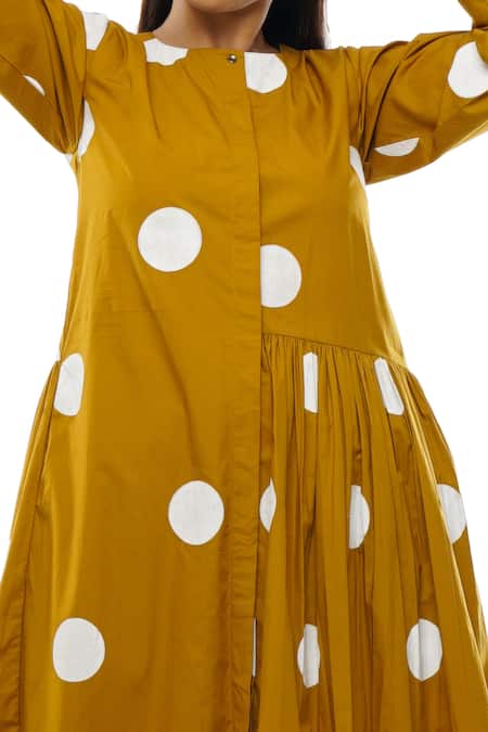 Khat_Yellow Round Neck Mustard Polka Dot Dress And Pant Set _at_Aza_Fashions