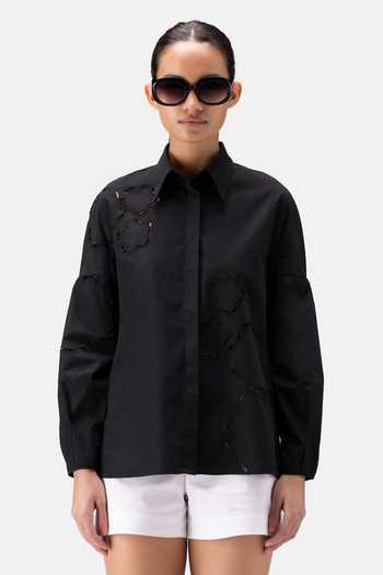 Genes Lecoanet Hemant_Black Cotton Cut Work Collared Floral Cutout Detail Shirt_at_Aza_Fashions