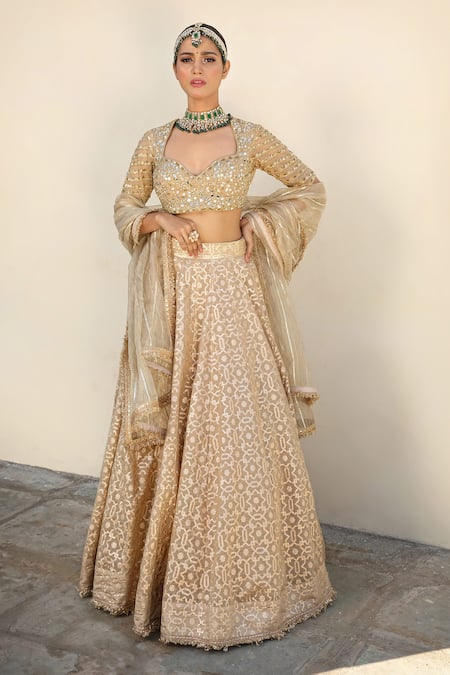 Neha Khullar_Beige Organza, Net, Chanderi Silk Woven Geometric Pattern Bridal Lehenga Set _at_Aza_Fashions