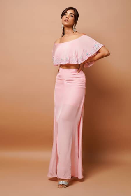 Ahi Clothing_Pink Crepe Zari, Cut Work Off-shoulder Off Embroidered Top And Draped Skirt Set _at_Aza_Fashions