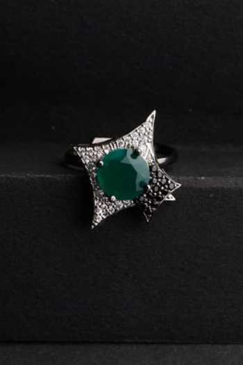Buy_Mozaati_Green Crystals, Stones Floral Shaped Cubic Zirconia Embellished Ring _Online_at_Aza_Fashions
