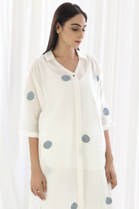 Khat_White Handloom , Collared Polka Pattern Shirt Kurta And Pant Set _at_Aza_Fashions