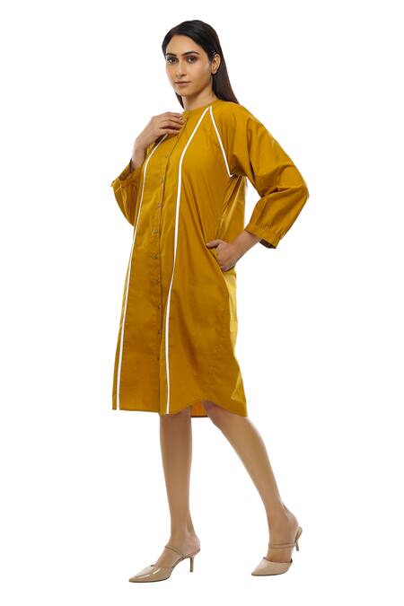 Shop Khat Yellow Cotton Asymmetric Frill Collar Dress And Pant Set Online at Aza Fashions Shop_Khat_Yellow Cotton Asymmetric Frill Collar Dress And Pant Set _Online_at_Aza_Fashions