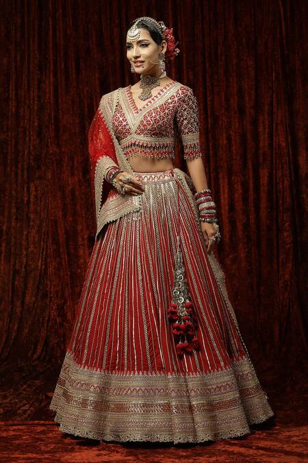 Shikhar Sharma_Red Silk, Chanderi, Net Beads, Embroidery, Gota Embellished Bridal Lehenga Set _at_Aza_Fashions