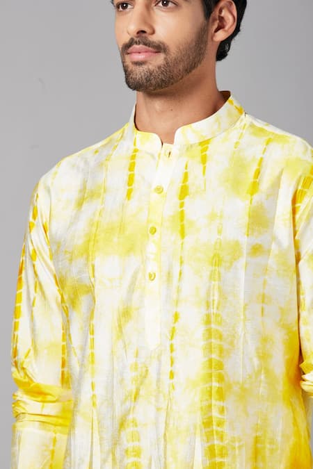 Hilo Design_Yellow Silk, Cotton Tintlo Mandarin Collar Kurta Set _at_Aza_Fashions