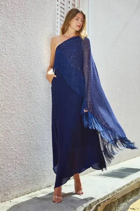 Style Junkiie_Blue Crepe, Georgette Sequins, Tassels Embroidered One Shoulder Cape Dress_at_Aza_Fashions