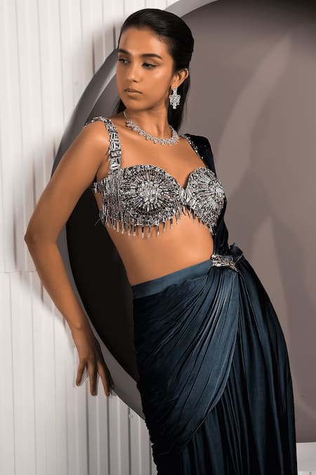 Jade By Ashima_Blue Satin Beads Sweetheart Neck Jade Pleated Pre-draped Saree With Blouse _at_Aza_Fashions