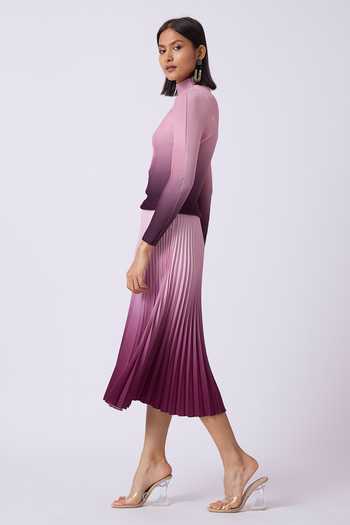 Buy_Scarlet Sage_Pink Polyester High Neck Geometric Print Top And Skirt Set
