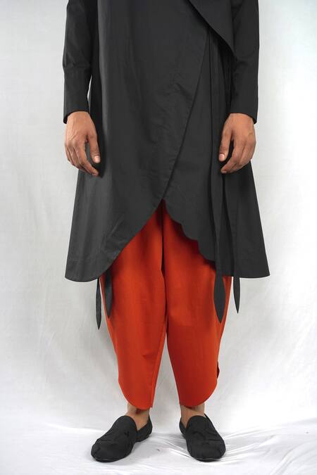 Shop_Antar Agni_Black Cotton, Silk Long Tail Kurta _Online_at_Aza_Fashions