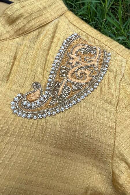 Shop_Swati Golyan_Yellow Silk Organza, Cotton Embroidery Placement Paisley Kurta Set _Online_at_Aza_Fashions