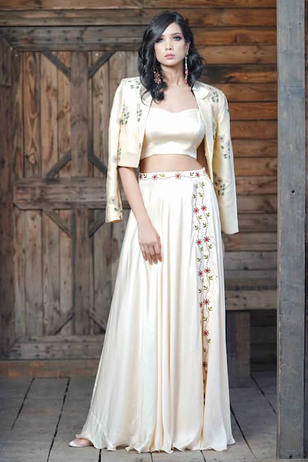 Buy Ahi Clothing Cream Silk Satin Lining Shantoon Floral Block Print, Cropped And Lehenga Set Buy_Ahi Clothing_Cream Silk Satin Lining Shantoon Floral Block Print, Cropped And Lehenga Set