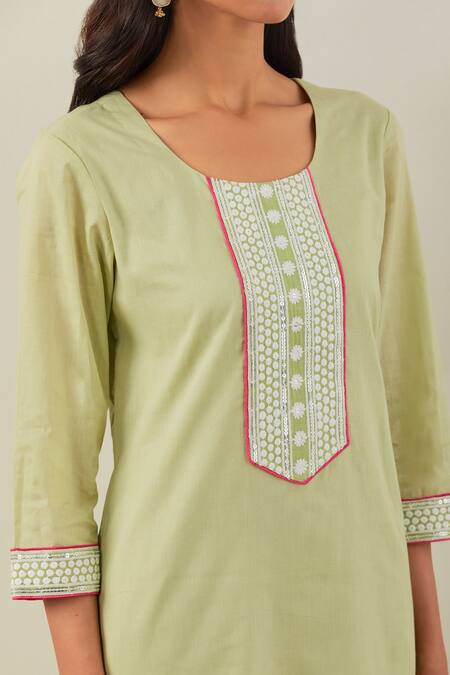 The Indian Cause_Green Cotton Embroidery, Sequins Round Neck Rozana Placket Straight Kurta_at_Aza_Fashions