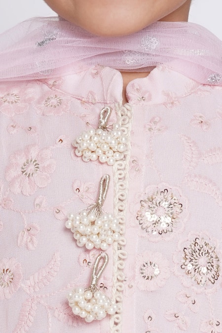 Little Bansi_Pink Cotton, Net Pearls, Gota Patti, Embroidered Floral Kurta Lehenga Set _at_Aza_Fashions