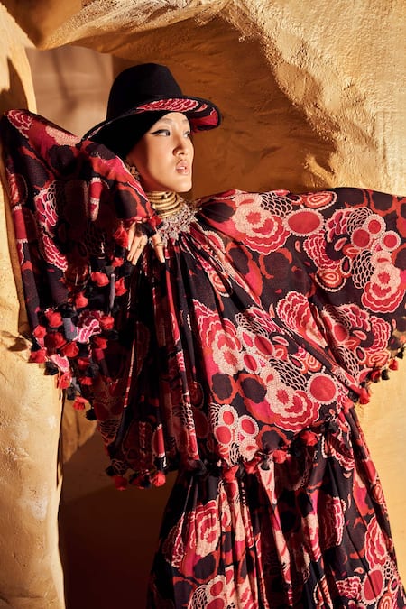 Bhumika Sharma_Black Georgette Tassels, Embroidery Round Printed Poncho Top And Flared Pant Set _at_Aza_Fashions