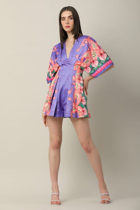 Shop_Limerick By Abirr N' Nanki_Multi Color Silk Beads V-neck Arden Draped Printed Playsuit _Online_at_Aza_Fashions