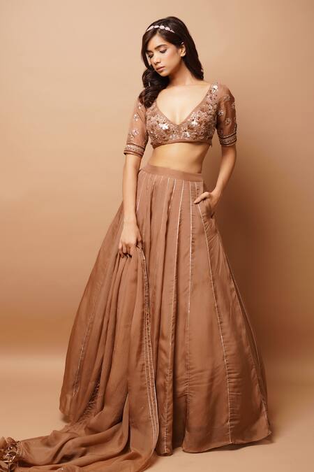 Ahi Clothing_Gold Organza, Hemp Sequins, Zari V-neck Hand Embroidered Blouse Lehenga Set _at_Aza_Fashions