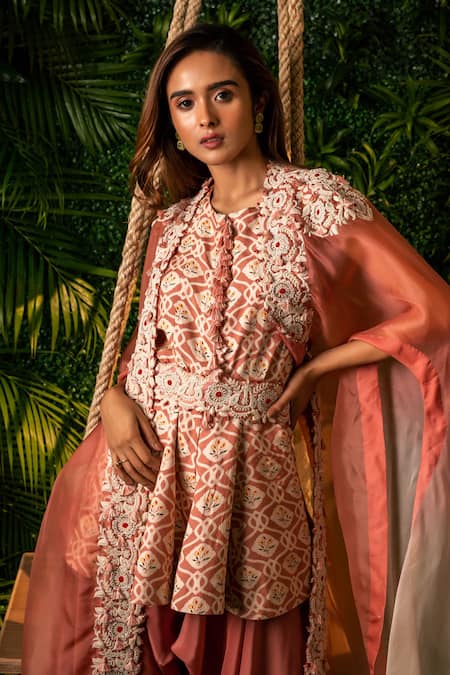 Shop Pallavi Poddar Pink Crepe, Organza, Muslin Pearls, Udaipur Ombre Cape And Draped Pant Set Online at Aza Fashions Shop_Pallavi Poddar_Pink Crepe, Organza, Muslin Pearls, Udaipur Ombre Cape And Draped Pant Set _Online_at_Aza_Fashions