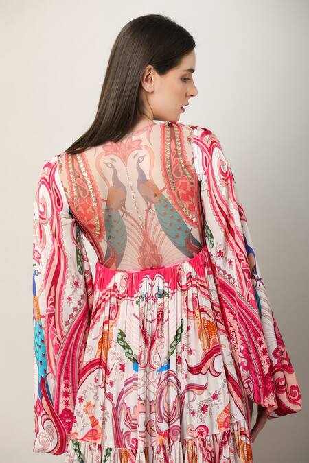 Shop_Limerick By Abirr N' Nanki_Multi Color Crepe Embroidered Paisley Hiya Balloon Sleeve Tiered Dress  _Online_at_Aza_Fashions