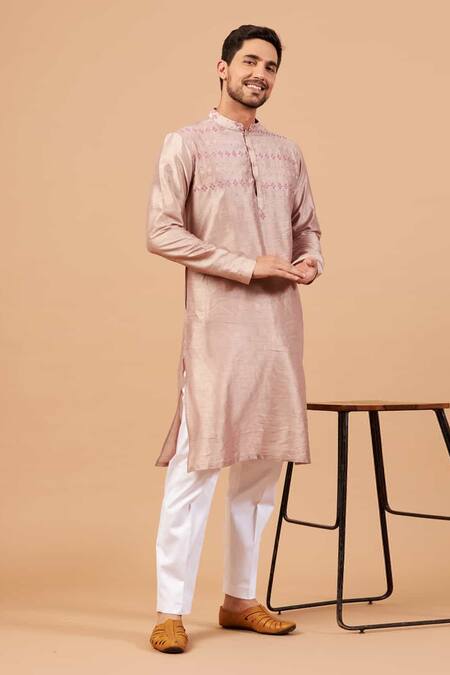 Shop_Hilo Design_Beige Cotton, Lycra, Silk Embroidery Florne Mandarin Collar Kurta Set _Online_at_Aza_Fashions