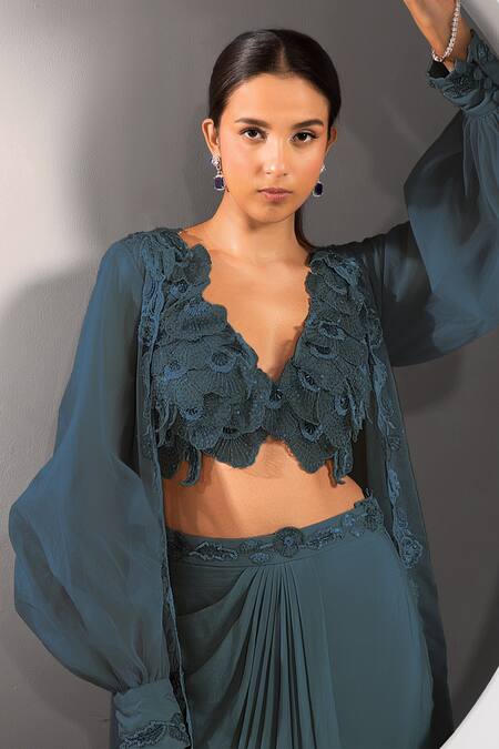 Buy Jade By Ashima Blue Organza, Crepe Embroidery, Tassels, Floral Blouse And Draped Skirt Set Buy_Jade By Ashima_Blue Organza, Crepe Embroidery, Tassels, Floral Blouse And Draped Skirt Set