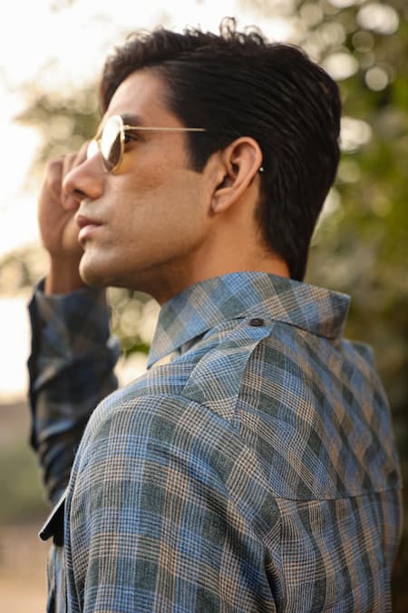 Shop_Raw & Rustic By Niti Bothra_Blue Linen Checkered Kurta Shirt_Online_at_Aza_Fashions
