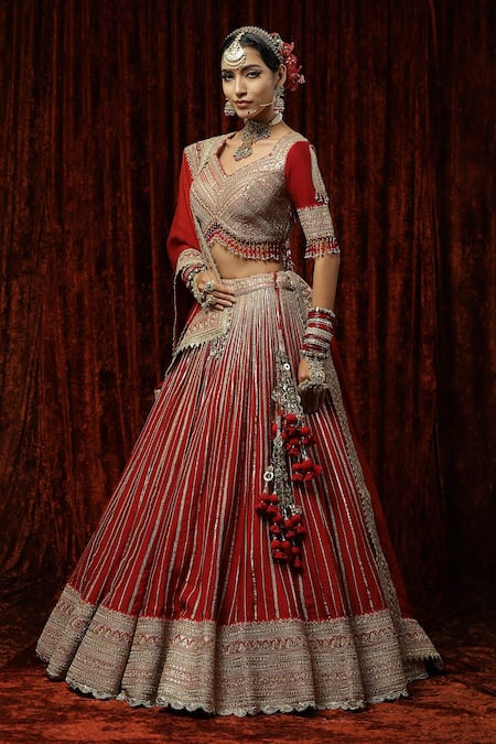 Shikhar Sharma Red Silk, Crepe, Chanderi Tassels, Embroidery, Beads Gota Bridal Lehenga Set at Aza Fashions Shikhar Sharma_Red Silk, Crepe, Chanderi Tassels, Embroidery, Beads Gota Bridal Lehenga Set _at_Aza_Fashions