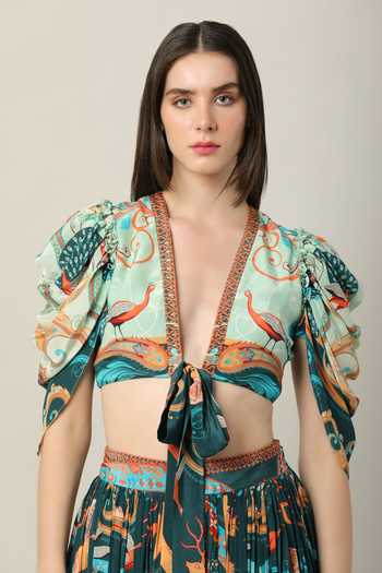 Shop_Limerick By Abirr N' Nanki_Multi Color Crepe Embroidery Plunge Neck Lile Peacock Print Crop Top _Online_at_Aza_Fashions