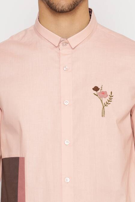 Buy Lacquer Embassy Pink Cotton Embroidery Floral Motif Button Down Shirt Buy_Lacquer Embassy_Pink Cotton Embroidery Floral Motif Button Down Shirt