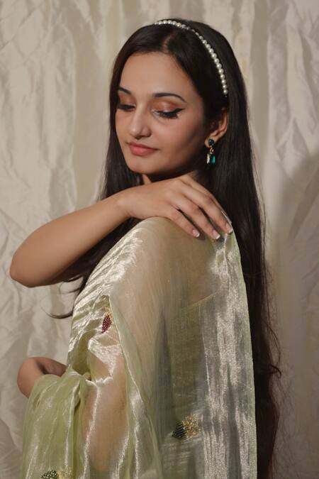 Studio Malang_Green Tissue Embroidered Angoor Saree_Online_at_Aza_Fashions